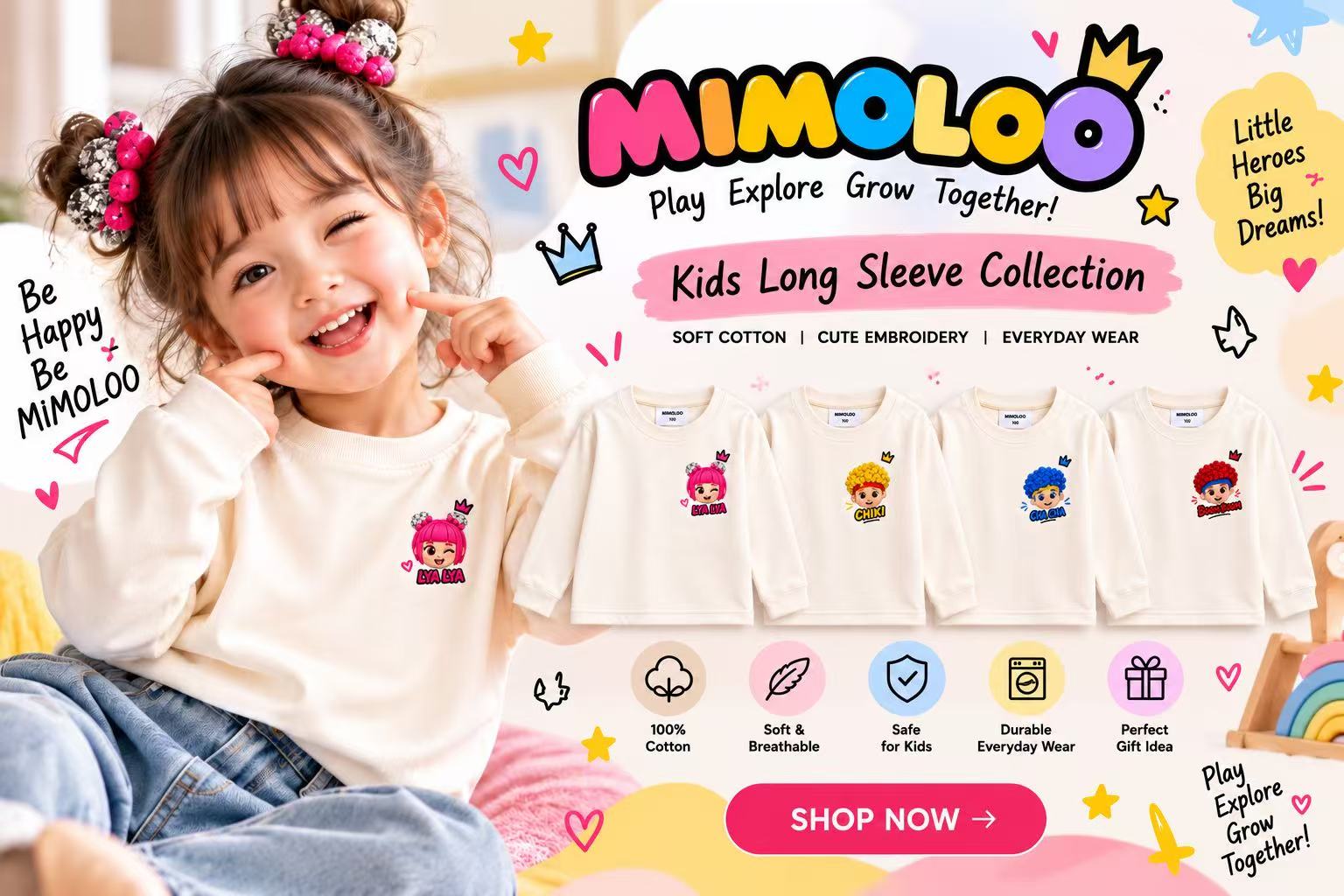 Mimoloo Kids Long Sleeve Collection: soft cotton, cute embroidery, and everyday wear. Shop now.